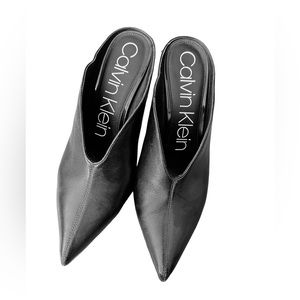 Calvin Klein black leather stiletto dress mules